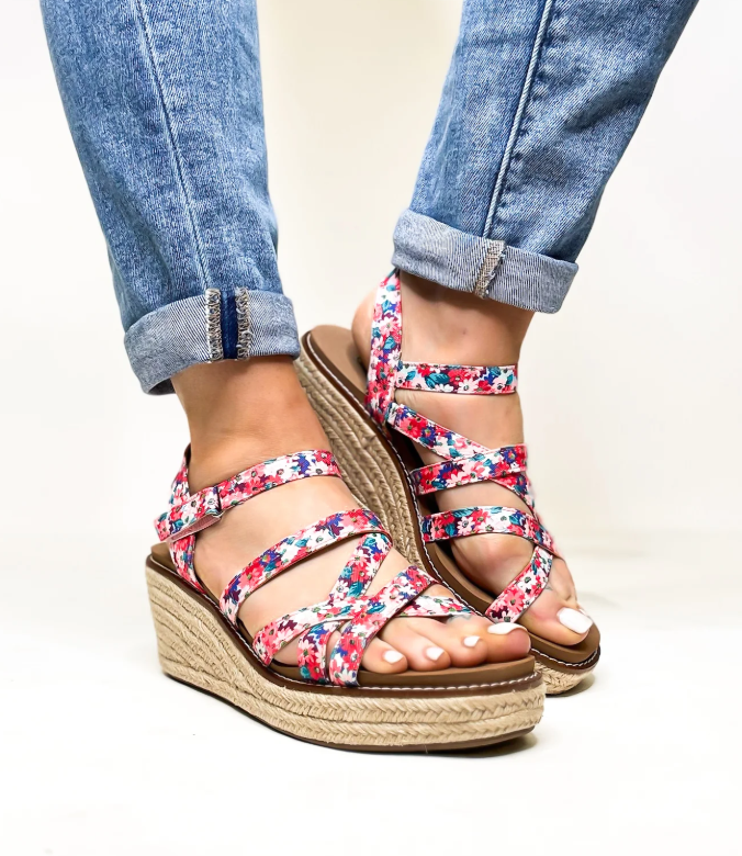 Corkys "All Nighter" Red Floral Wedge Strappy Sandal is