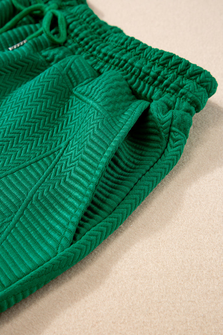 Emerald Green Textured Ruffle Sleeve Top and Drawstring Shorts