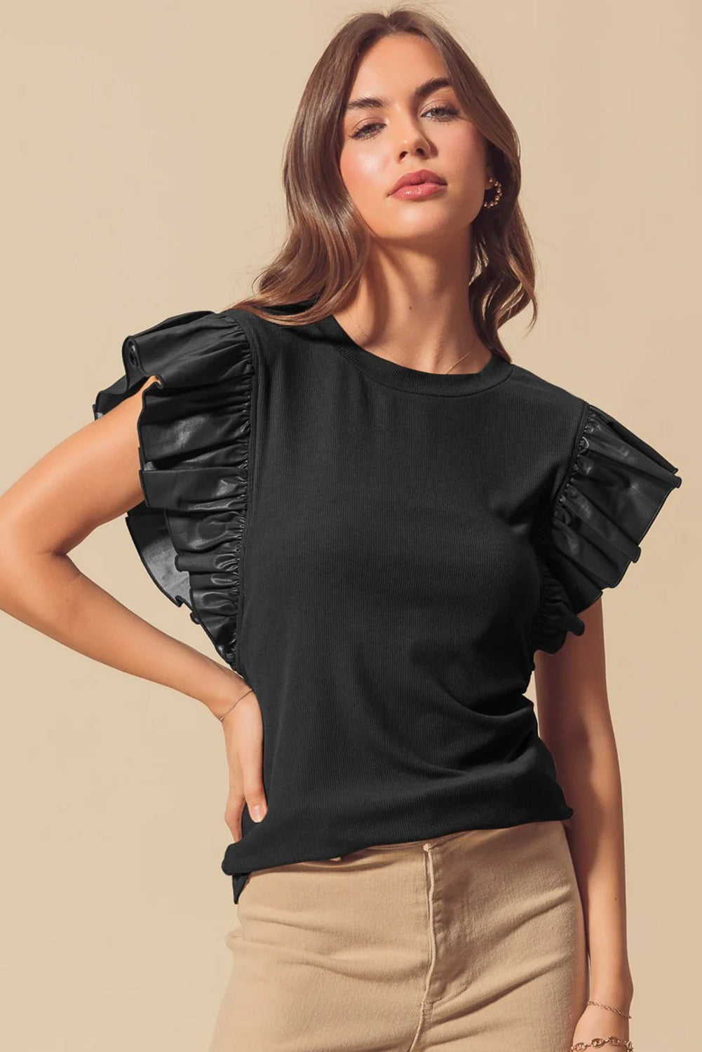 Black Ribbed Blouse with Faux Leather Ruffle Cap Sleeves