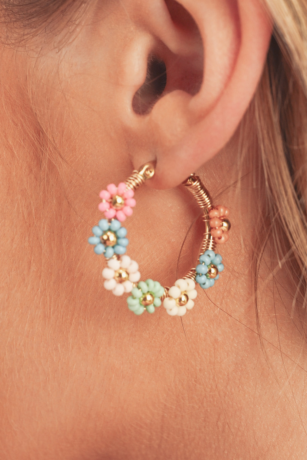Beaded Pastel Floral Gold Tone Hoop Pierced Earrings