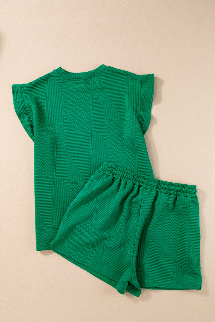Emerald Green Textured Ruffle Sleeve Top and Drawstring Shorts