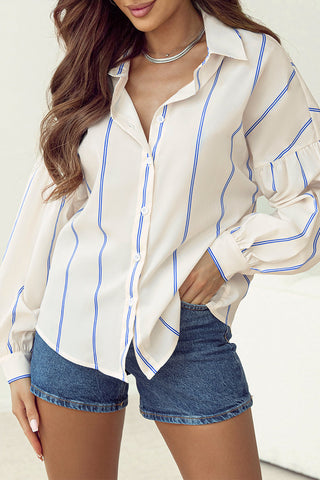 Ivory and Blue Stripe Balloon Sleeve Button Front Blouse