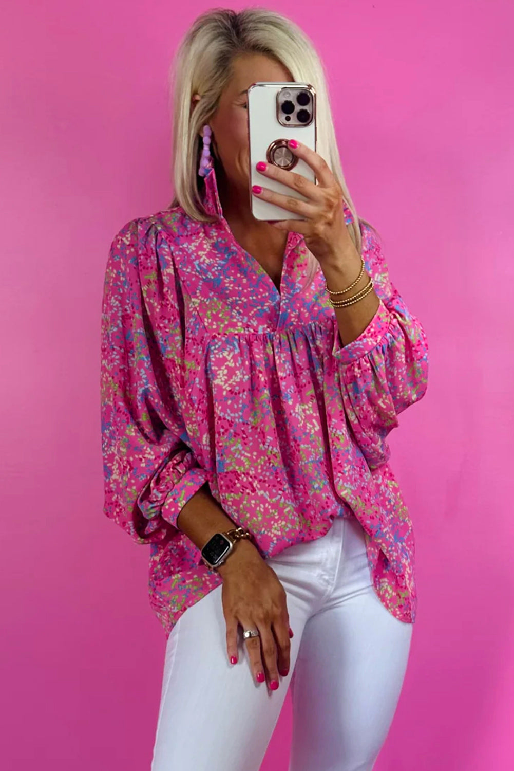 Hot Pink Abstract Floral Print Collared V Neck Babydoll Blouse