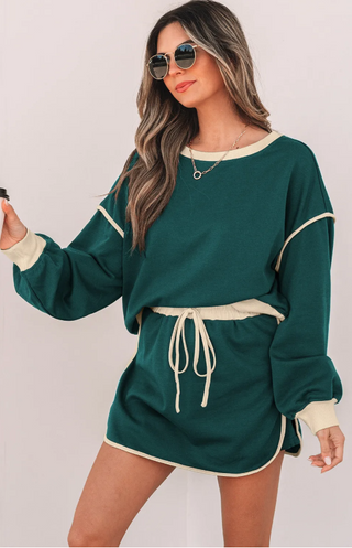 Mallard Green Color Contrast Loose Pullover and Lace-up Waist Skort Set