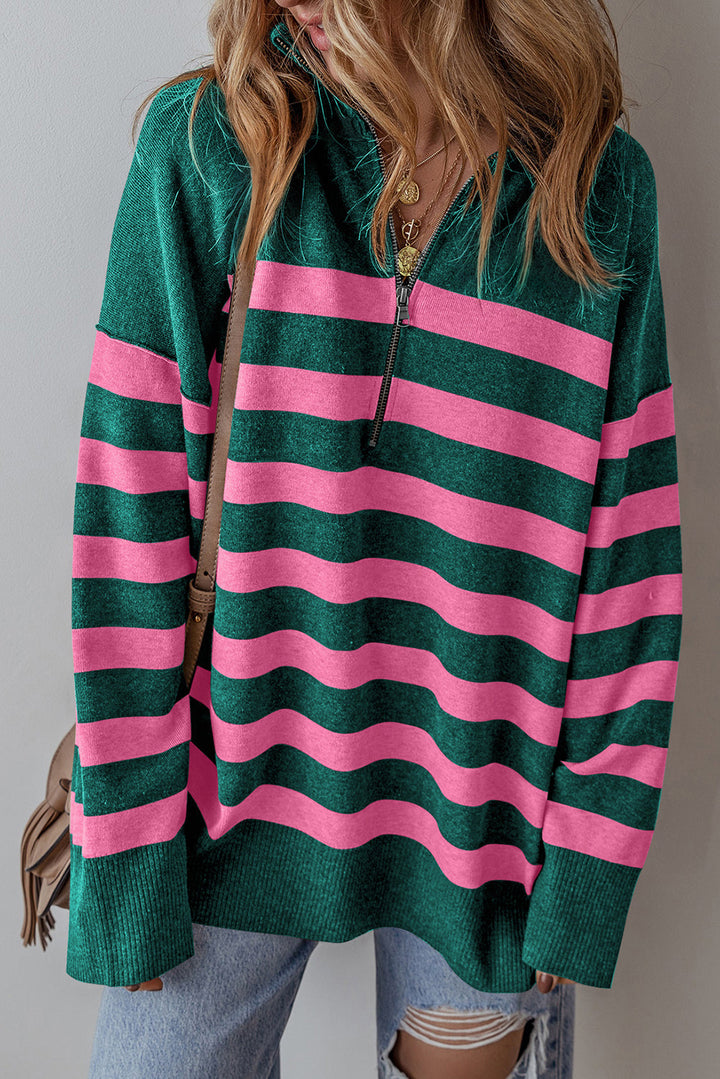 Green and Pink Stripe Quarter Zipper Oversized Sweater