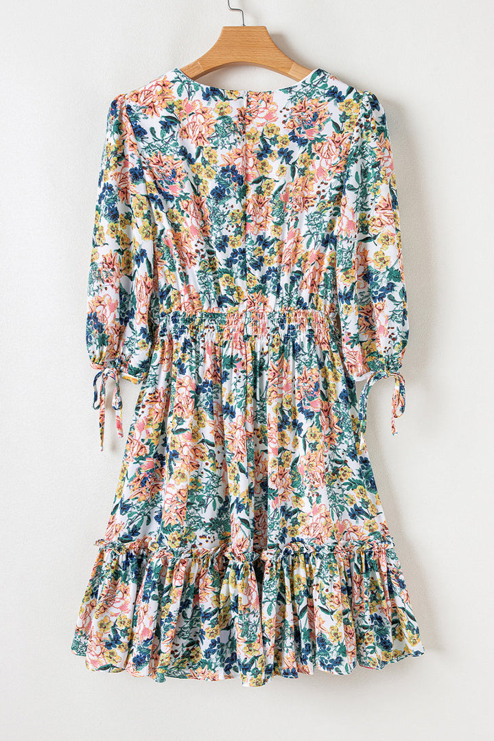Floral V Neck 3/4 Sleeve Elastic Waist Ruffled Dress