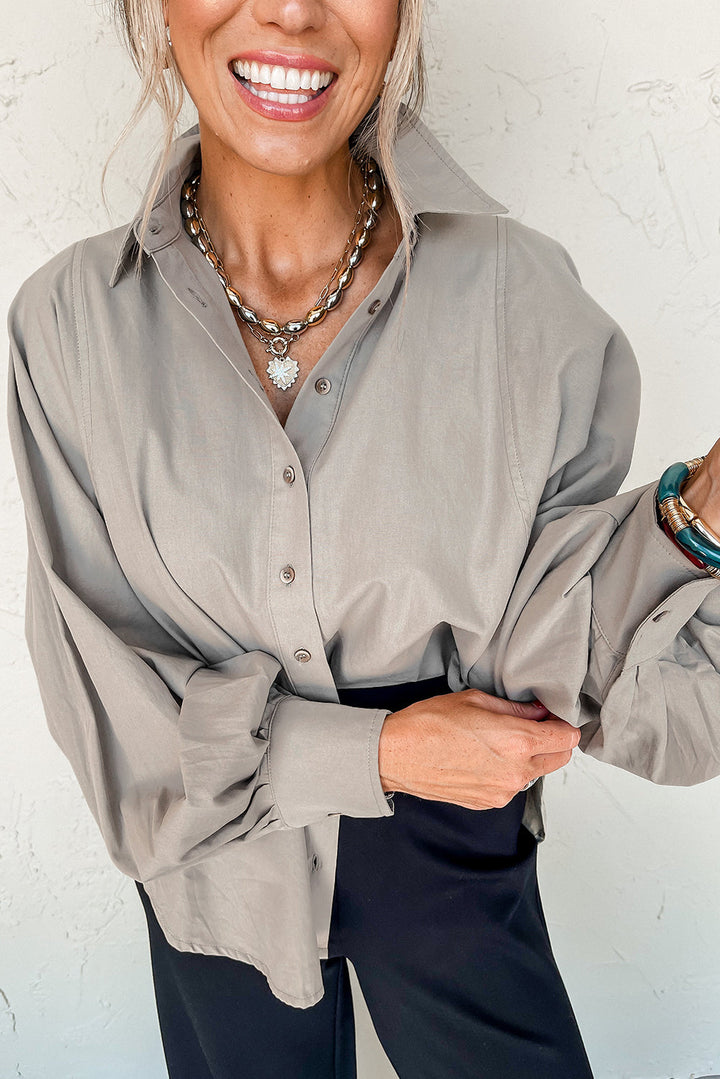 Taupe Gray Balloon Sleeve Side Slits Loose Fit Button Front Blouse