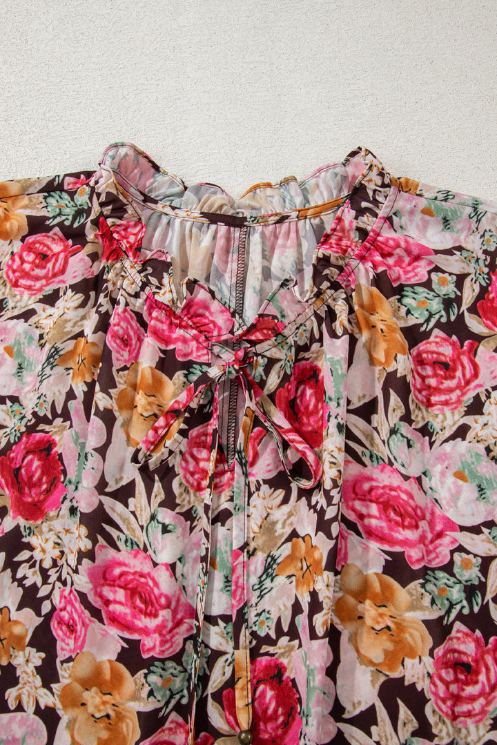 Floral Print Ruffle Collar Short Sleeve Blouse