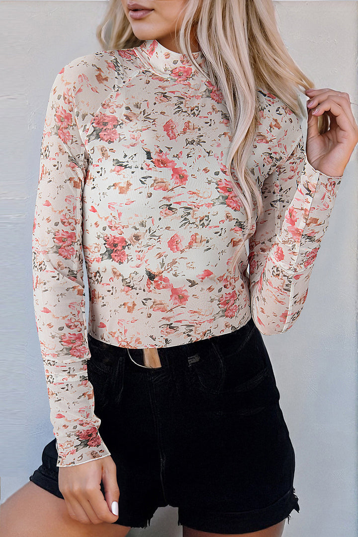 White Floral Long Sleeve High Neck Sheer Top