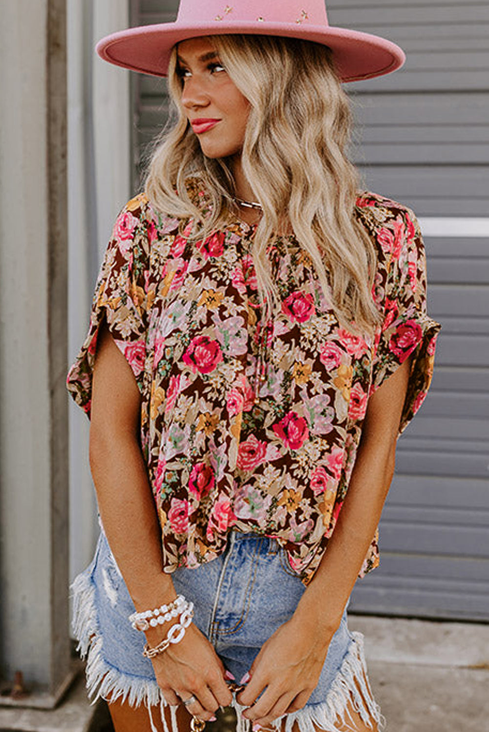 Floral Print Ruffle Collar Short Sleeve Blouse