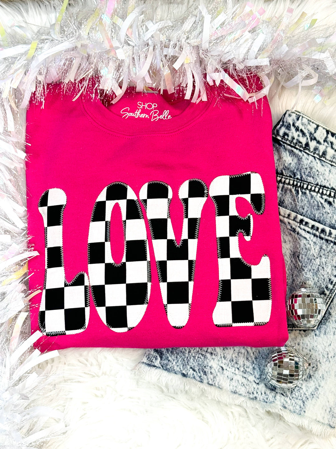 Love ▪️Retro Checkerboard ▪️Valentine Hot Pink Sweatshirt