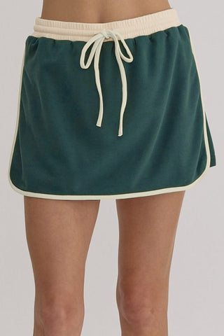 Mallard Green Color Contrast Loose Pullover and Lace-up Waist Skort Set