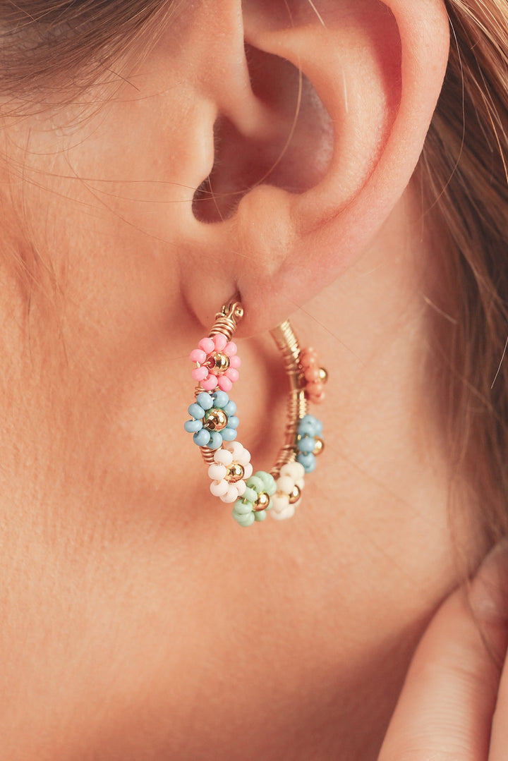Beaded Pastel Floral Gold Tone Hoop Pierced Earrings