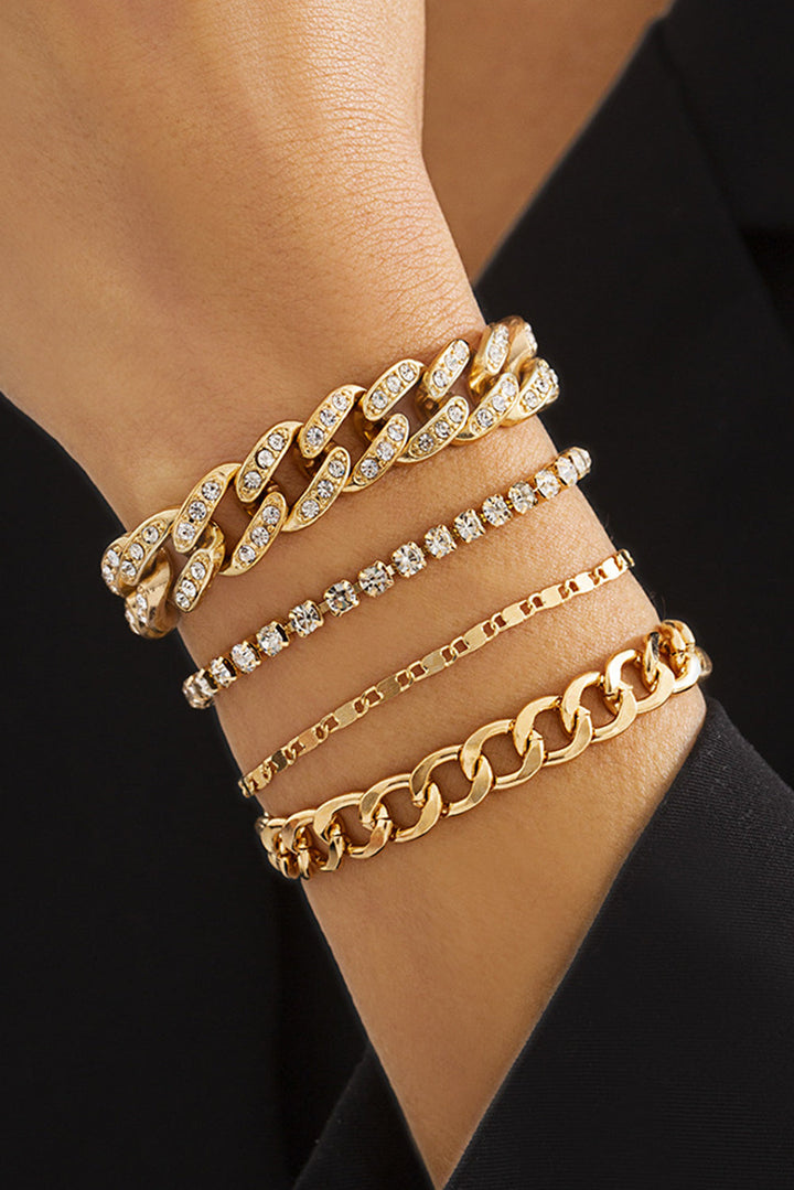 Rhinestone and Gold Bling 4 Piece Layering Gold Plated Bracelet Set-Adjustable Chain Lengths