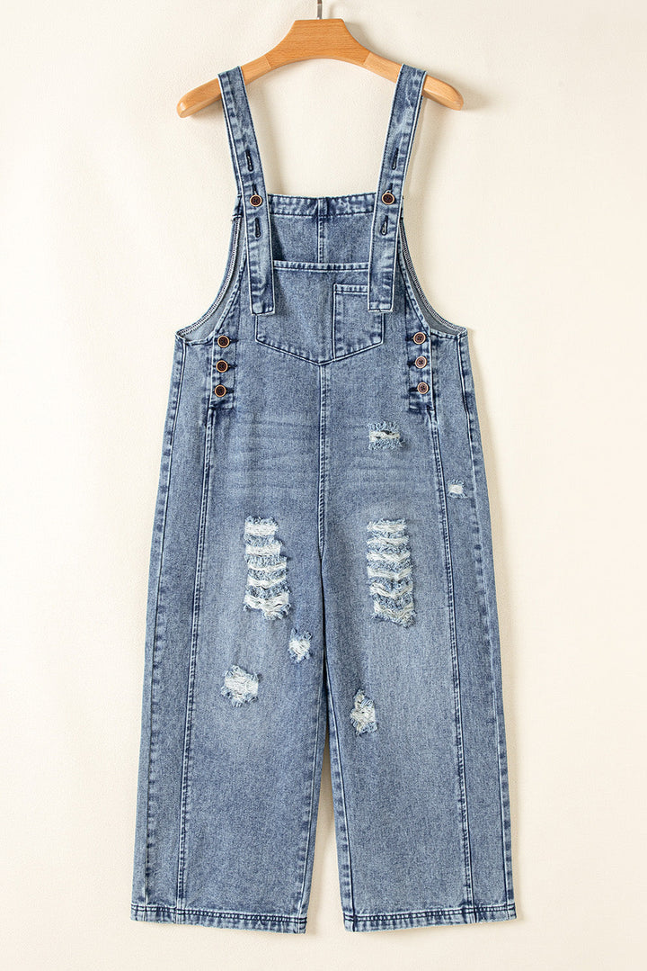 Blue Stone Washed Distressed Bib Pocket Wide Leg Denim Overall Tie Straps