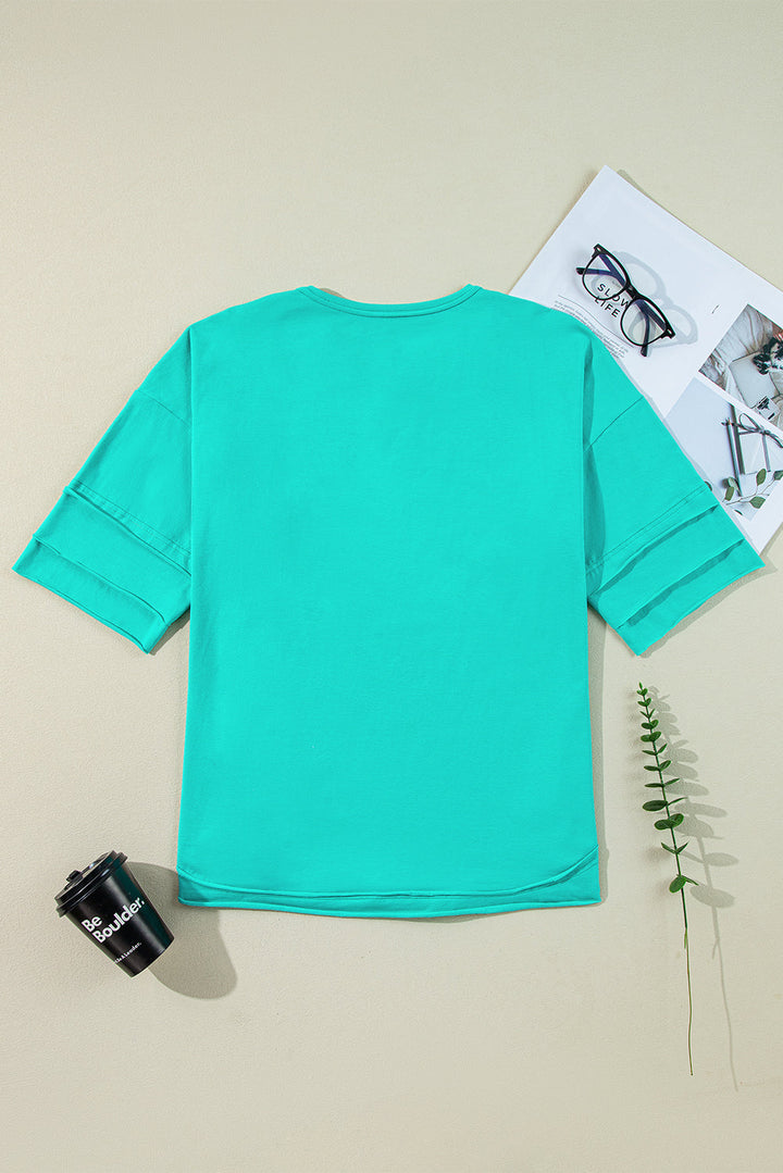 Island Aqua Solid Color Half Sleeve Buttons Henley Top