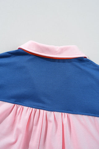 Petal Pink Color Block Half Buttoned Ruffled Short Sleeve Blouse