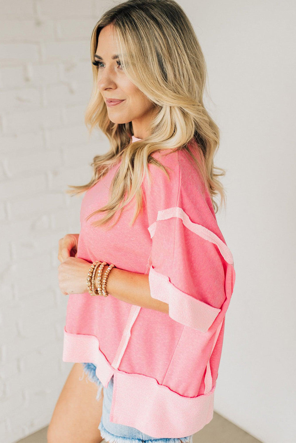 Rose Blossom Half Sleeve Raw Seam High Low Side Split Top