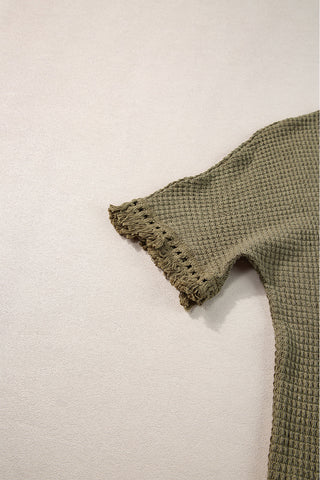 Olive Green Waffle Knit Short Set With Fringe Trim 2 Piece