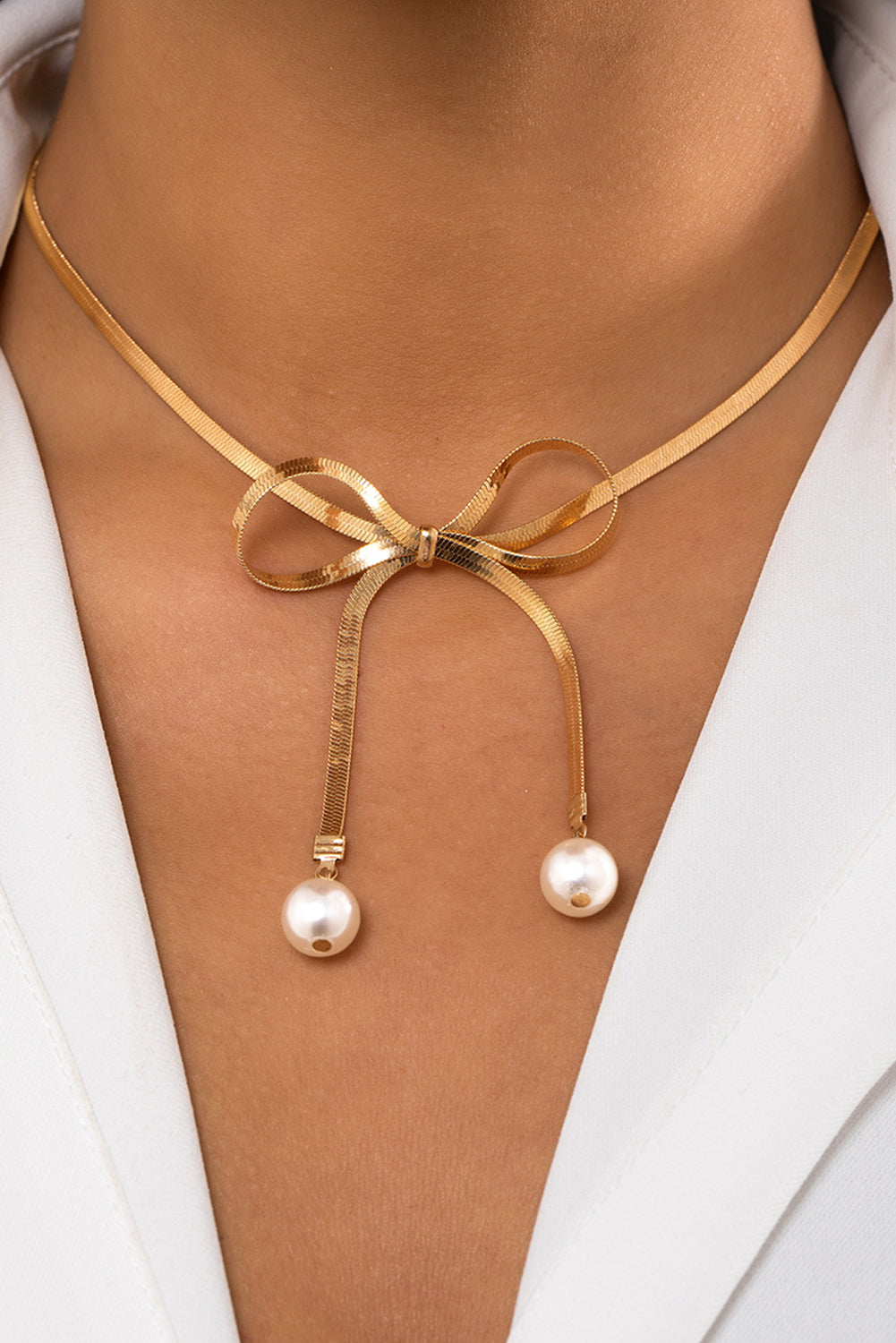 Gold Plated Herringbone Bow Collar Necklace With Faux Pearl Accents