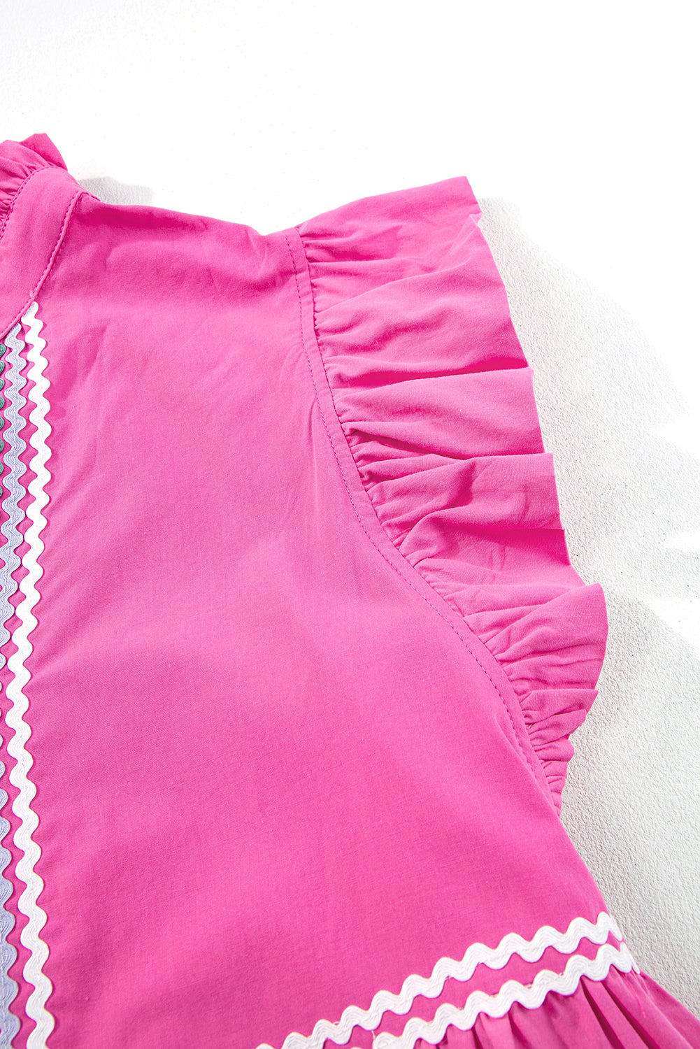 Hot Pink Ric Rac Trimmed Flutter Sleeve V Neck Tiered Dress