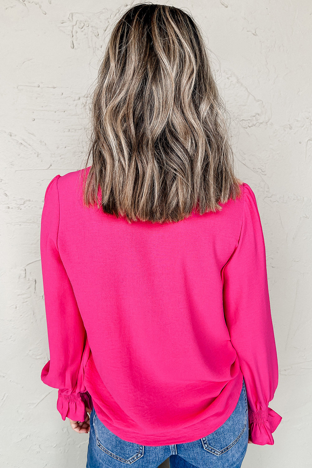Hot Pink Shirred Cuff Notch V Neck Blouse