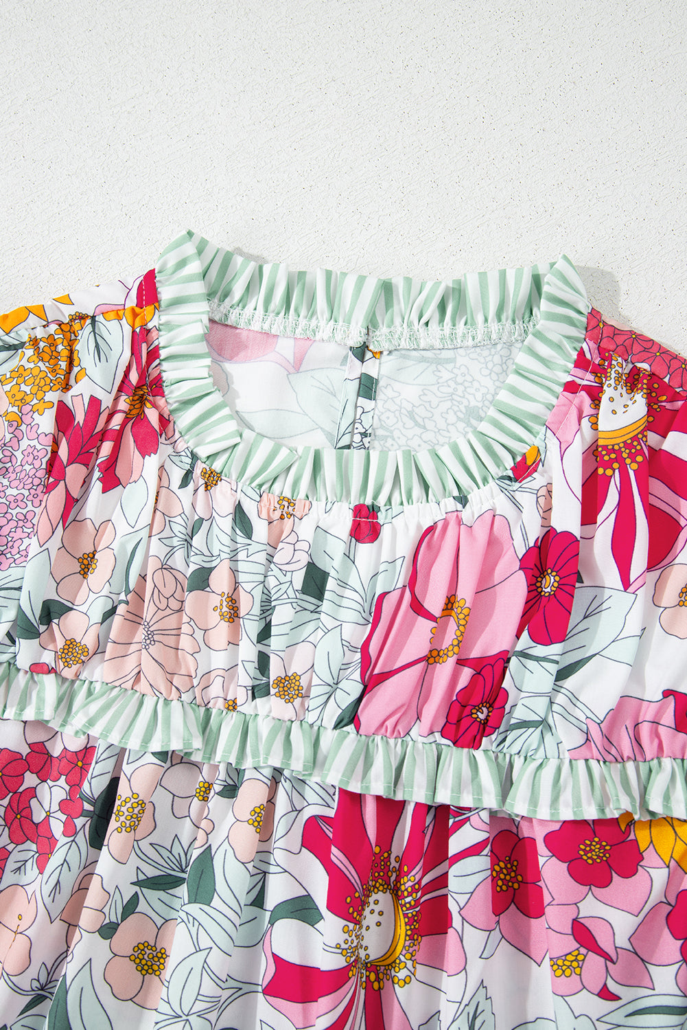 Floral Print Green Stripe Ruffles Contras Trim Cap Sleeve Blouse