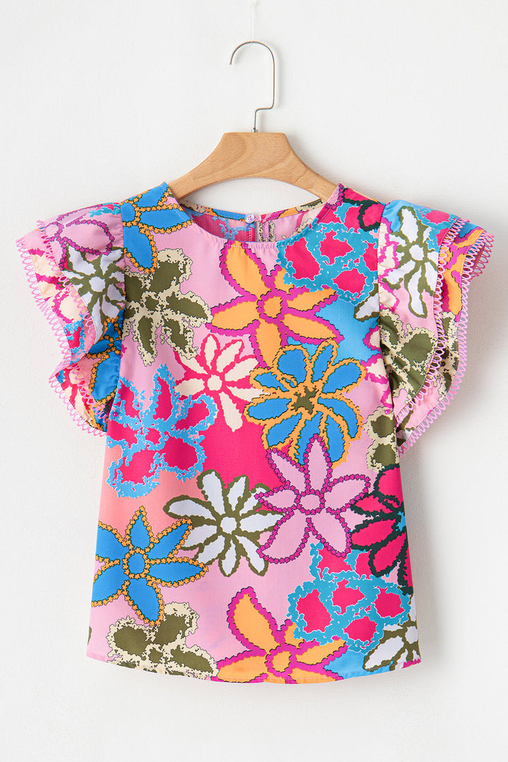 Brightly Colored Abstract Floral Print Lace Trimmed Ruffle Sleeve Blouse