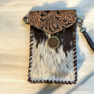 Upcycled Tooled Cowhide Phone Crossbody Bag – Brown