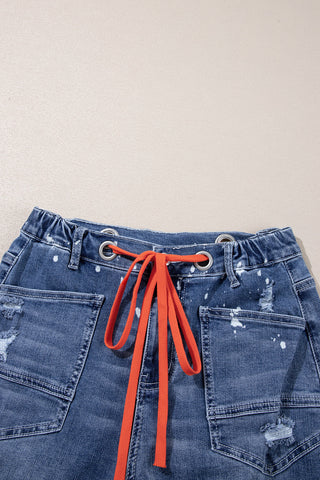 Blue Distressed Bleach Splatter Cropped Straight Leg Jeans with Orange Drawstring