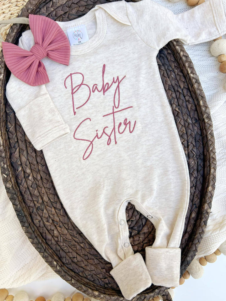 "Baby Sister" — Embroidered Oatmeal Onsie🎀