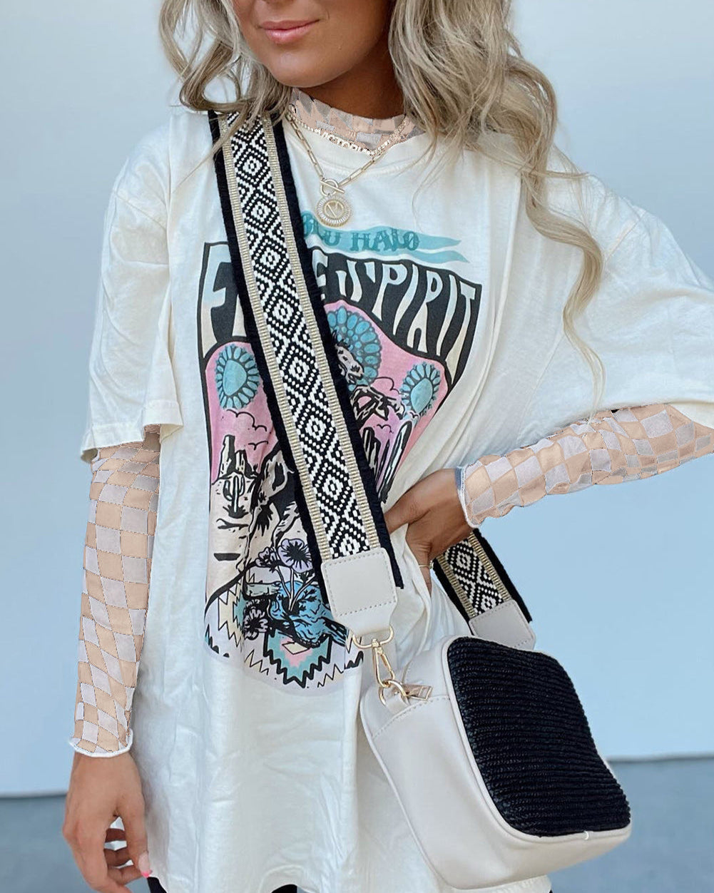 Taupe and White Checkered Pattern Mesh Neck Long Sleeve Stretch Top