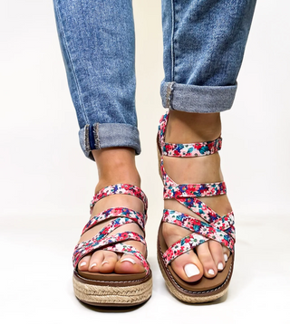 Corkys "All Nighter" Red Floral Wedge Strappy Sandal is