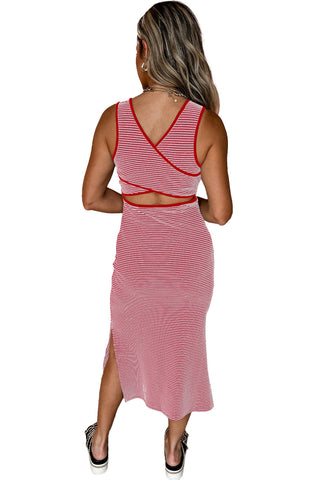 Red Stripe Sleeveless Criss Cross Peek A Boo Back Fitted Mid Length Dress