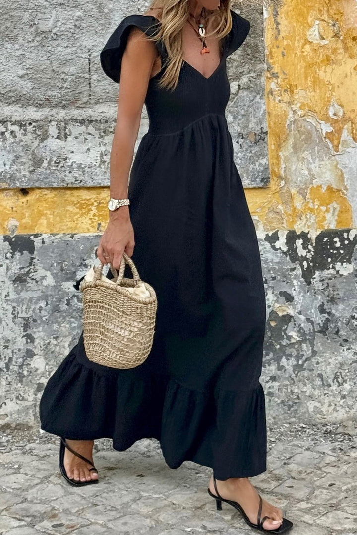 Black Flutter Sleeve High Waist Maxi Dress