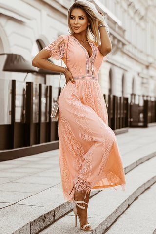 Peach Blossom V Neck High Waist Lace Maxi Dress