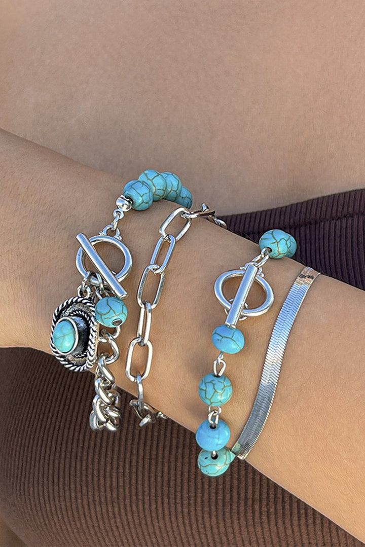 Silver Tone Turquoise Blue 4 Piece Layering Western Beaded Bracelet Set