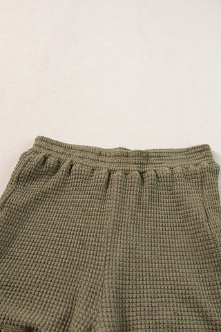 Olive Green Waffle Knit Short Set With Fringe Trim 2 Piece