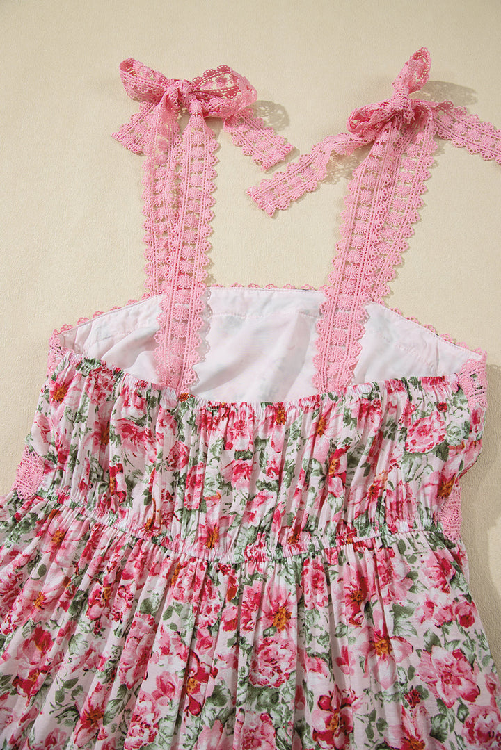 Pink Floral Lace Strap Empire Waist Maxi Dress with Pockets