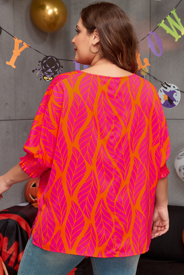 Neon Hot Pink & Orange Tropical Leaf Printed Smocked Lantern Sleeve Plus Size Blouse