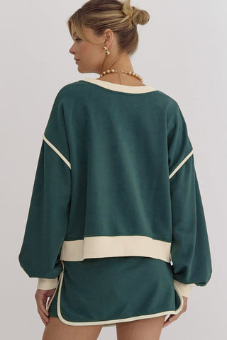 Mallard Green Color Contrast Loose Pullover and Lace-up Waist Skort Set