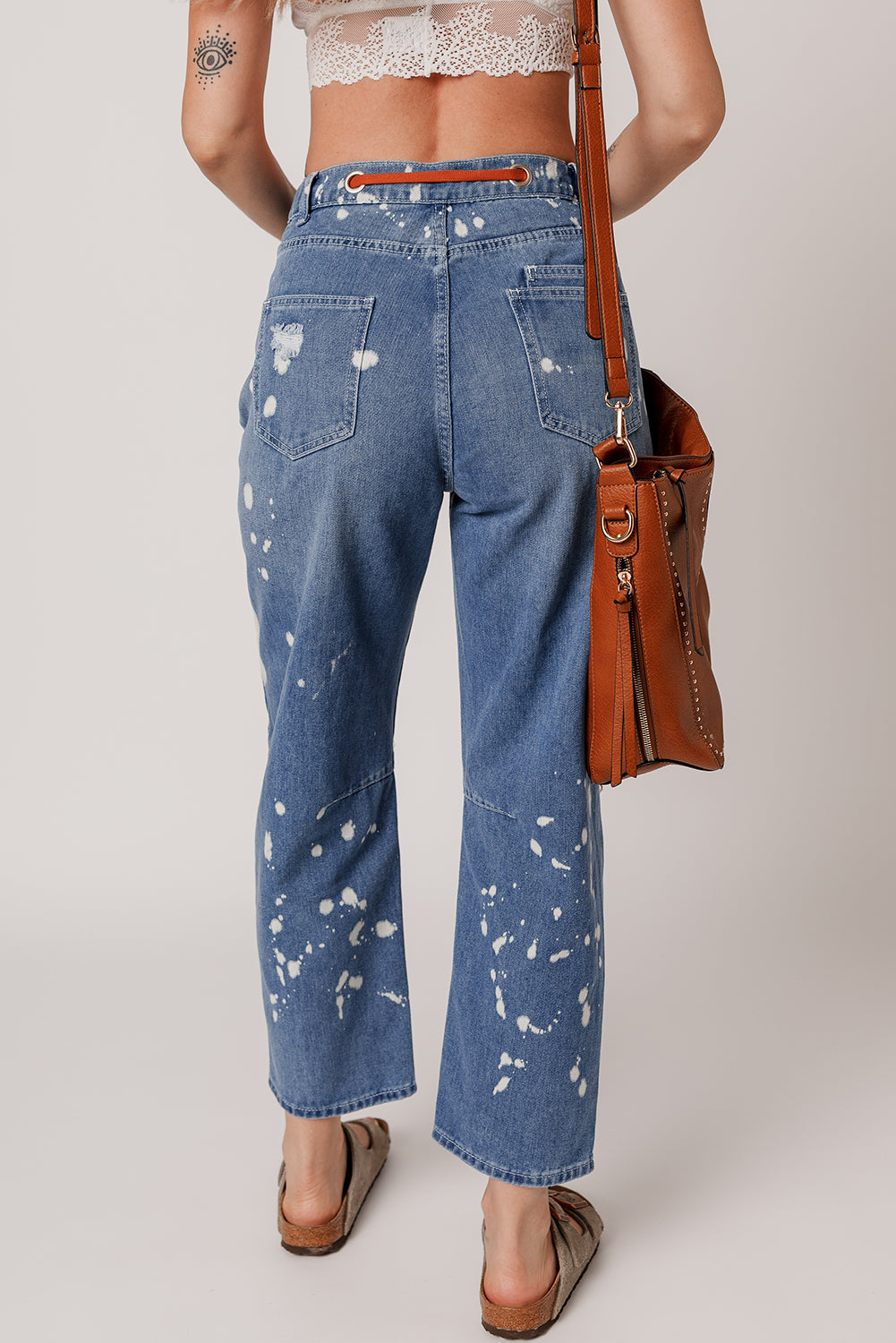 Blue Distressed Bleach Splatter Cropped Straight Leg Jeans with Orange Drawstring
