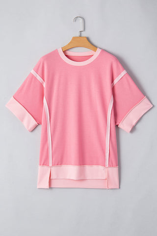 Rose Blossom Half Sleeve Raw Seam High Low Side Split Top