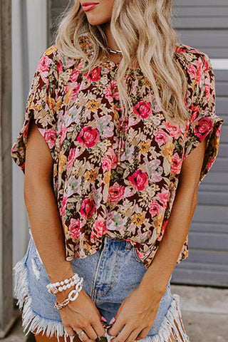 Floral Print Ruffle Collar Short Sleeve Blouse