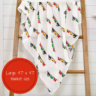 LollyBanks Choo-Choo Train Muslin Swaddle Blanket