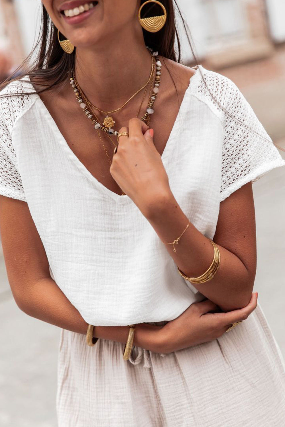 Winter White Lace Back Crochet Button Back V Neck Blouse