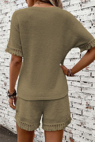 Olive Green Waffle Knit Short Set With Fringe Trim 2 Piece