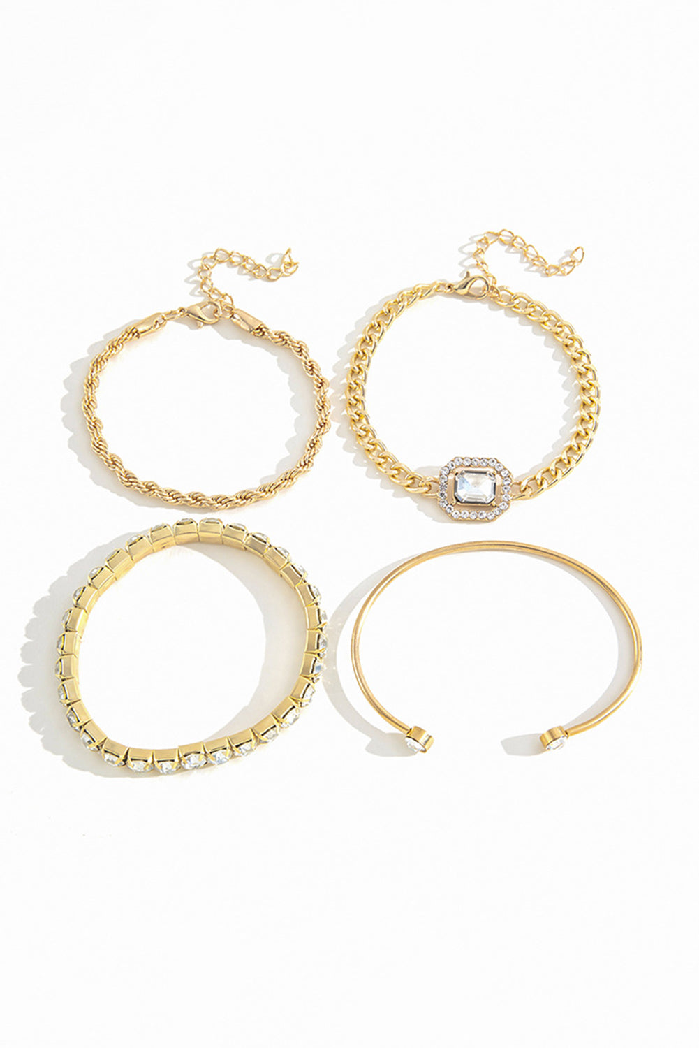 Gold Plated Rhinestone Tennis Bracelet, Bangle and Chain Bracelet Set 4 Piece