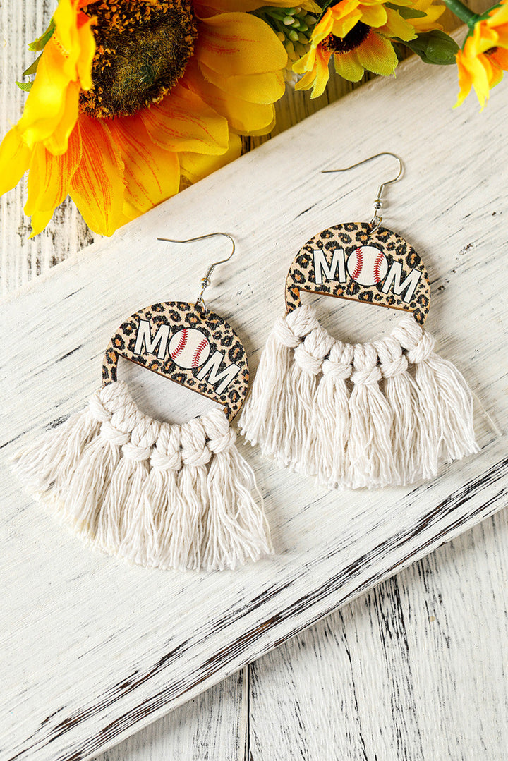 White Leopard Baseball MOM Fringed Hook Dangle Earrings