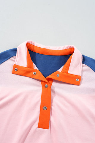 Petal Pink Color Block Half Buttoned Ruffled Short Sleeve Blouse